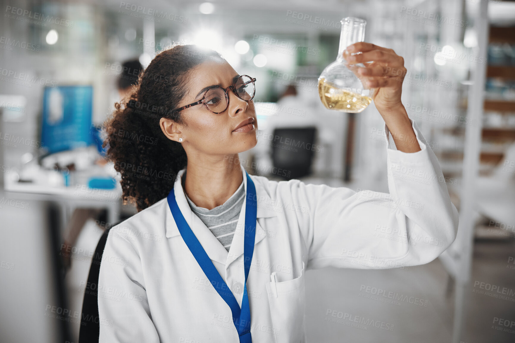 Buy stock photo Investigation, science and chemical with woman in laboratory for medical or pharmaceutical research. Innovation, reaction and study with scientist at work for analysis, development or experiment