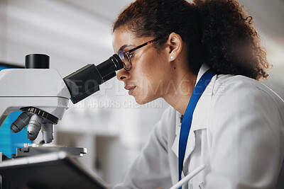 Buy stock photo Microscope, sample and science with woman in laboratory for medical or pharmaceutical research. Clinical trial, innovation and study with scientist at work for analysis, development or experiment