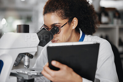 Buy stock photo Microscope, sample and tablet with scientist woman in laboratory for medical or pharmaceutical research. Innovation, study and technology with doctor at work for analysis, development or experiment