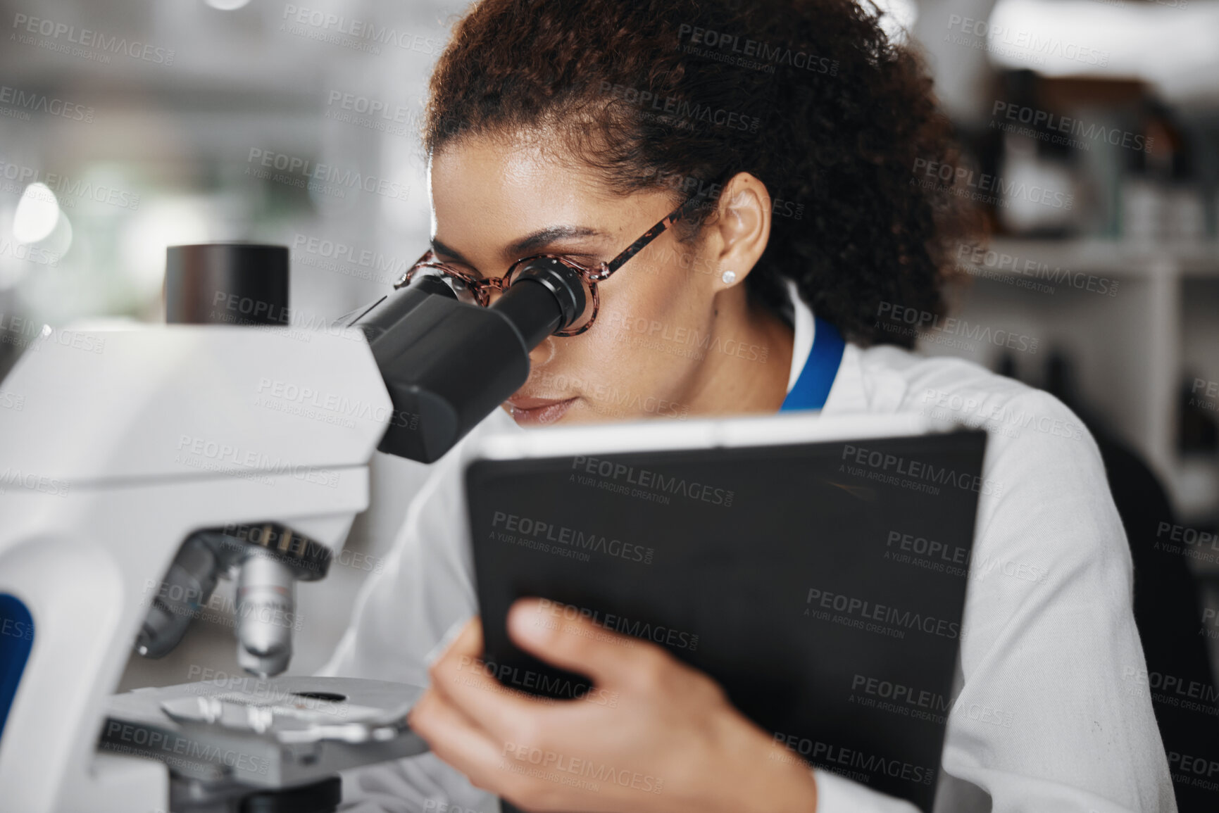 Buy stock photo Microscope, sample and tablet with scientist woman in laboratory for medical or pharmaceutical research. Innovation, study and technology with doctor at work for analysis, development or experiment