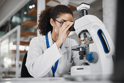 Buy stock photo DNA, microscope and science with woman in laboratory for medical or pharmaceutical research. Engineering, innovation and study with scientist at work for analysis, development or experiment results