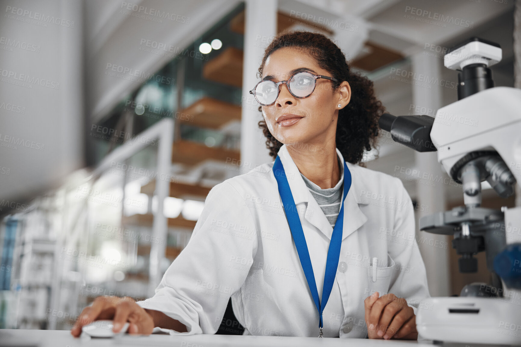 Buy stock photo Microscope, research and science with woman in laboratory for medical or pharmaceutical report. Computer, information and innovation with scientist at work for analysis, development or experiment