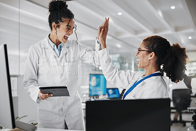 Buy stock photo Teamwork, technology and high five in laboratory for success, innovation or analysis. Collaboration, achievement and women in clinic or hospital for research, advice and career development in science