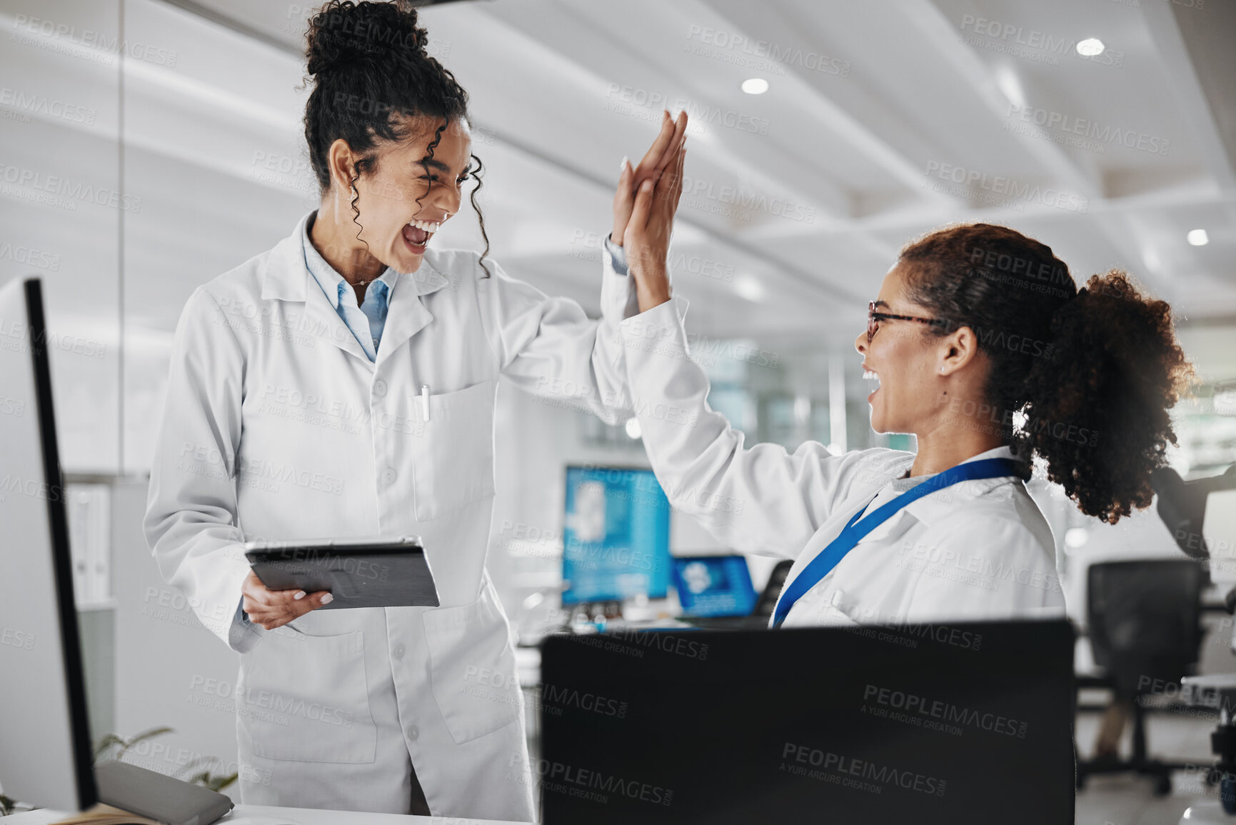 Buy stock photo Teamwork, technology and high five in laboratory for success, innovation or analysis. Collaboration, achievement and women in clinic or hospital for research, advice and career development in science