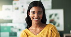 Portrait, Indian woman and happy in home at study room with pride for education, knowledge and learning. Female person, gen z and smile with confidence to relax, break and chill as university student