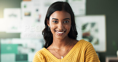 Buy stock photo Portrait, Indian woman and happy in home at study room with pride for education, knowledge and learning. Female person, gen z and smile with confidence to relax, break and chill as university student