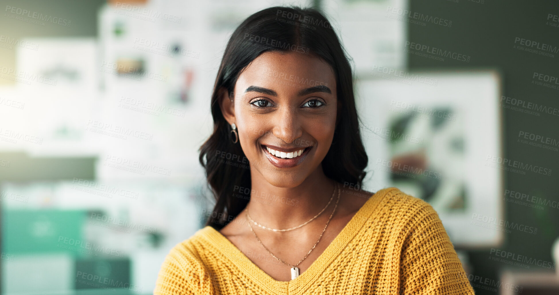 Buy stock photo Portrait, Indian woman and happy in home at study room with pride for education, knowledge and learning. Female person, gen z and smile with confidence to relax, break and chill as university student