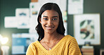 Portrait, Indian woman and smile in home at study room with pride for education, knowledge and learning. Female person, gen z and happy with confidence to relax, break and chill as university student