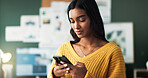 Indian woman, home and serious with smartphone in study room for elearning group and announcement. Female person, university learner and browsing internet with social media interaction and posts