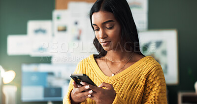 Buy stock photo Indian woman, home and serious with smartphone in study room for elearning group and announcement. Female person, university learner and browsing internet with social media interaction and posts