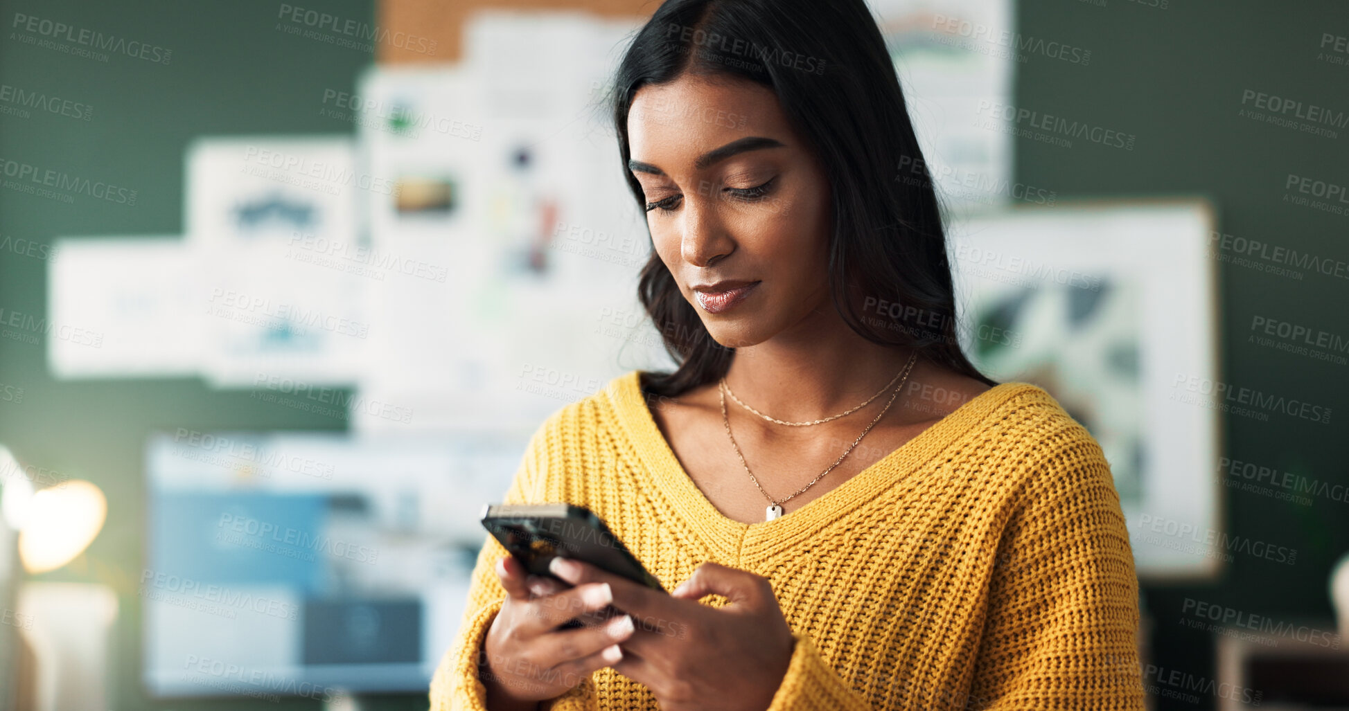 Buy stock photo Indian woman, home and serious with smartphone in study room for elearning group and announcement. Female person, university learner and browsing internet with social media interaction and posts