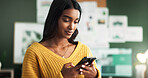 Indian woman, home and smile with smartphone in study room for elearning group and announcement. Female person, university learner and happy on internet with social media interaction and posts