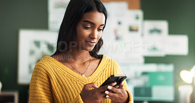 Buy stock photo Indian woman, home and smile with smartphone in study room for elearning group and announcement. Female person, university learner and happy on internet with social media interaction and posts