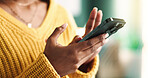 Woman, hands and smartphone or typing for business, browsing and searching for ecommerce order for startup. Networking, communication and mobile app or work website update, online and creative agency