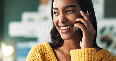 Buy stock photo Woman, laugh and business phone call for startup, smiling and communication with client for order or deal negotiation. Talking, funny joke and online networking, information and professional employee