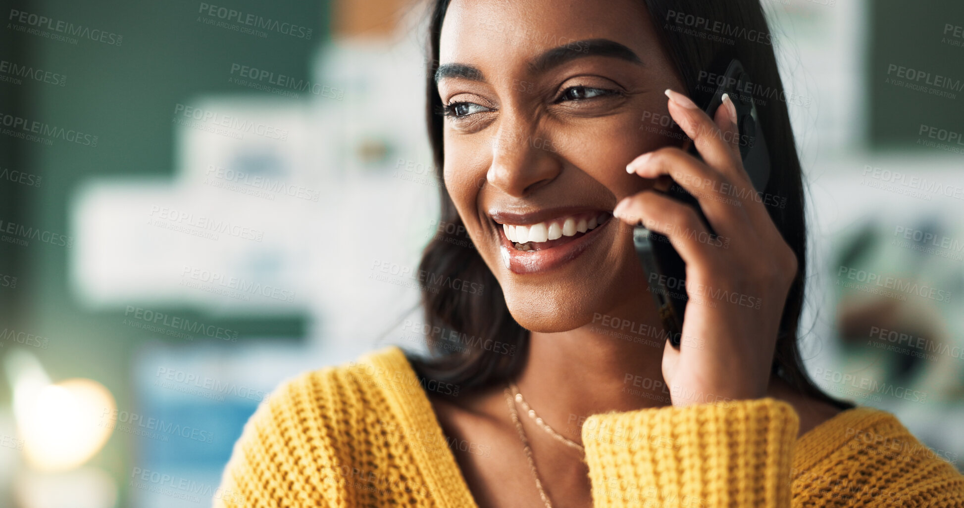 Buy stock photo Woman, laugh and business phone call for startup, smiling and communication with client for order or deal negotiation. Talking, funny joke and online networking, information and professional employee