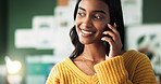 Woman, smiling and business phone call for startup, happy and communication with client for order or deal negotiation. Talking, listening and online networking, information and professional employee