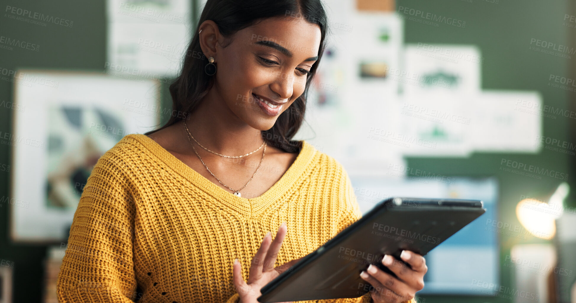 Buy stock photo Happy woman, remote work and typing on tablet for contact, research and positive feedback. Female freelancer, social media manager and tech in home office for communication, website and information