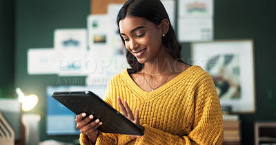 Buy stock photo Happy woman, remote work and typing on tablet for contact, research and positive feedback. Female freelancer, graphic designer and tech in home office for communication, design process or information