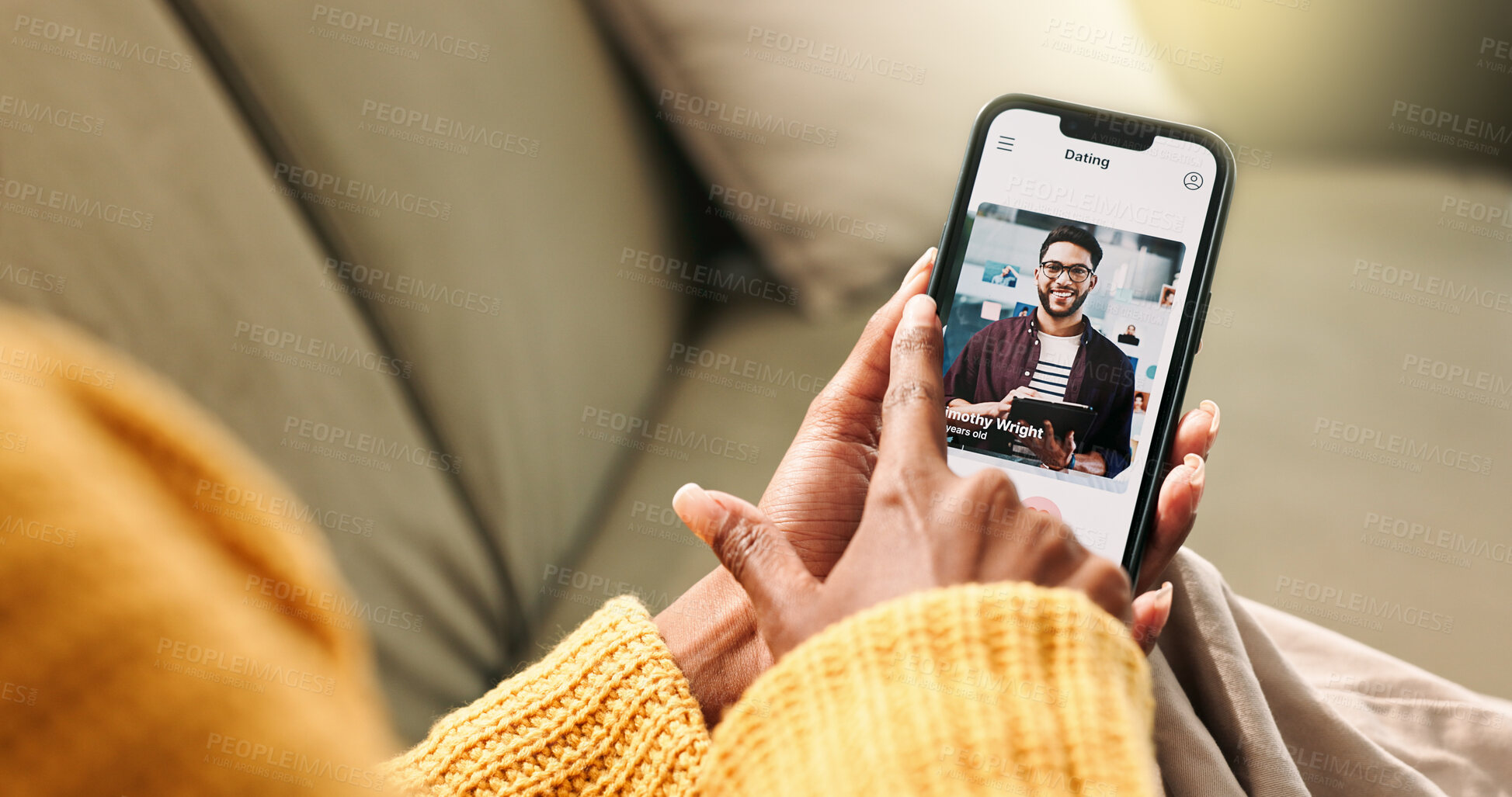 Buy stock photo Hands, woman and phone screen for dating app at house with online meeting, profile match and connection notification. Person, mobile app and swipe on web for relationship, decision and subscription