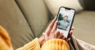 Buy stock photo Woman, hands and phone screen for dating app at house with online meeting, profile match and connection notification. Person, mobile app and swipe on web for relationship, decision and subscription

