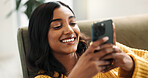 Woman, connection and smartphone in home for scroll, typing and text message on couch in living room. Indian girl, network and mobile app for creating profile, chat and explore on dating website