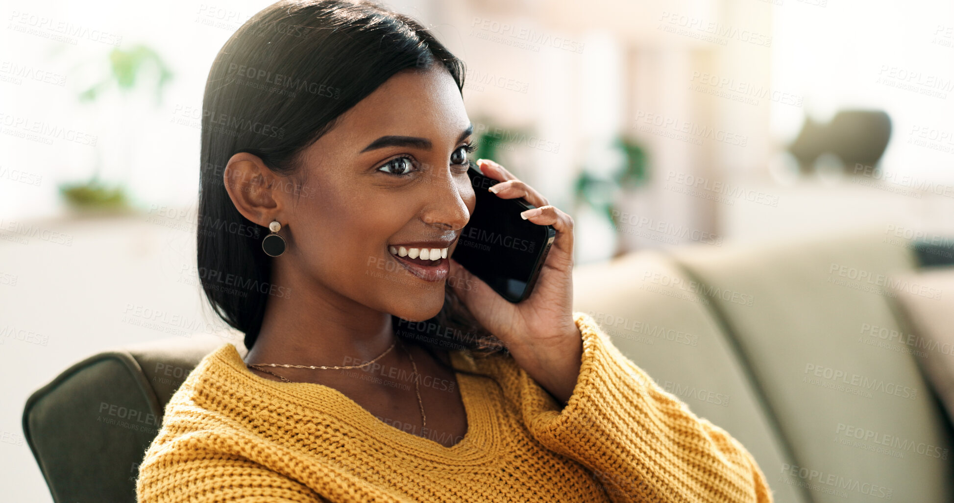 Buy stock photo Sofa, relax and woman with phone call in home for digital contact, communication or connectivity. Happy, female person and smile with tech in living room for online order, delivery update or tracking