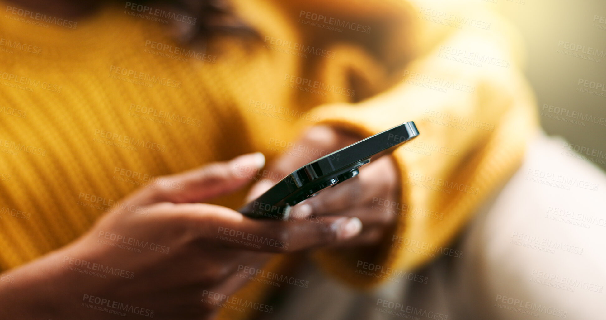 Buy stock photo Hands, connection and using phone on sofa for scroll, typing and text message at home. Female person, network and mobile app for creating profile, chat and explore on dating website in living room