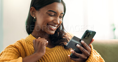 Buy stock photo Excited, woman or phone with credit card rewards for financial bonus, savings or investment payment. Fintech notification, smile or happy Indian girl winning competition on bank app or mobile in home