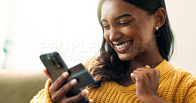 Buy stock photo Credit card, phone and woman on sofa in home happy for first online payment for mortgage or rent. Excited, ecommerce and female person with internet shopping on cellphone in living room for new house