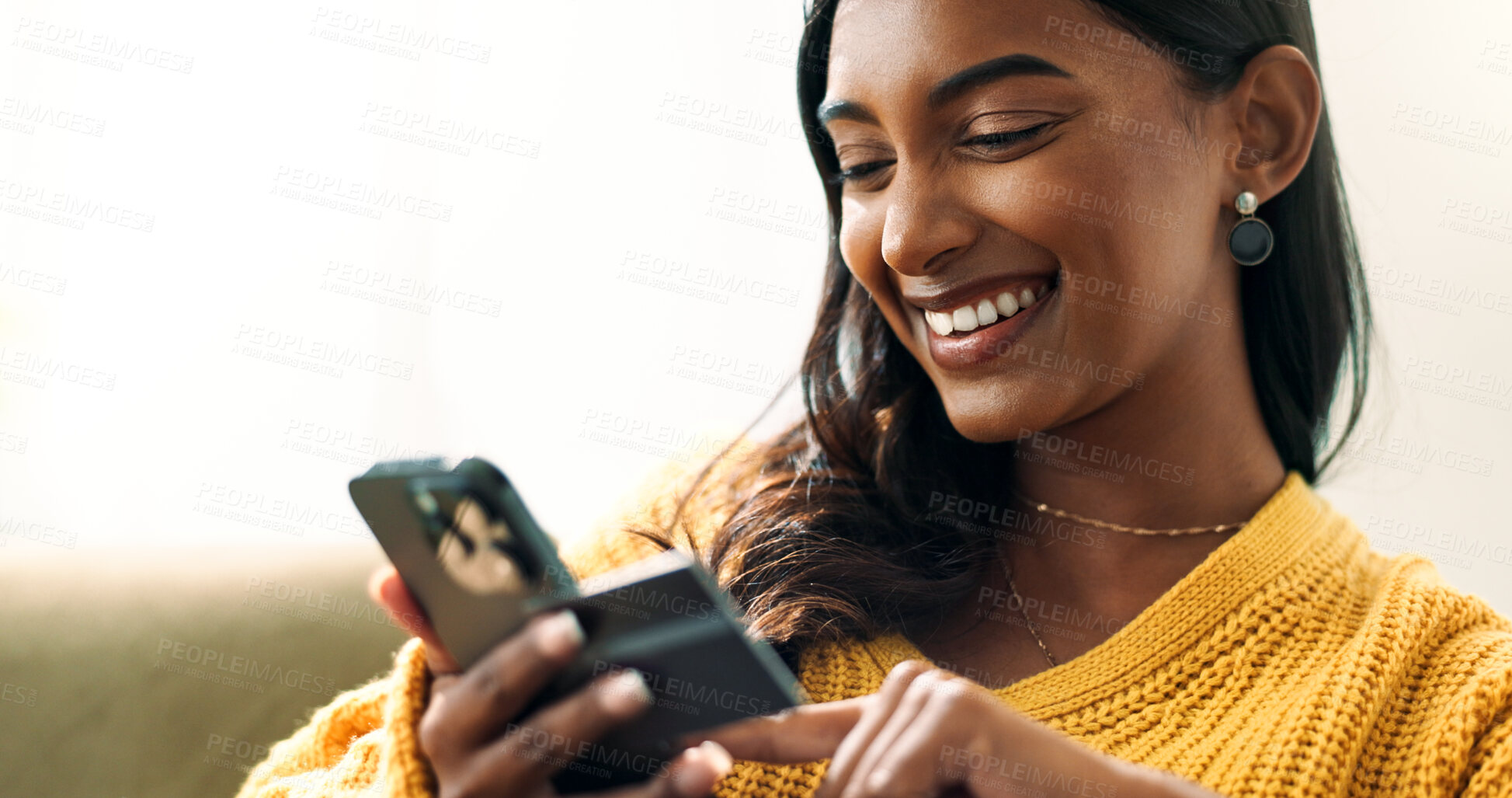 Buy stock photo Happy, woman and phone for online shopping with credit card information, fintech website and digital payment in lounge. Smile, female person and e commerce, retail discount and banking app at house