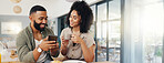 Couple, coffee and phone with smile for planning, online banking or service review on internet. Man, woman or mobile in morning for hotel booking, feedback or hospitality app in living room on banner