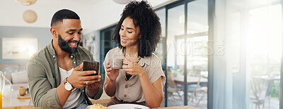 Buy stock photo Couple, coffee and phone with smile for planning, online banking or service review at home. Man, woman or mobile in morning for hotel booking, feedback or hospitality app in living room on banner