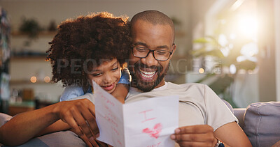 Buy stock photo Happy dad, letter and relax with son for love, gift or present on sofa for fathers day surprise at home. Papa, child or little boy with smile for special note, appreciation or gratitude for childhood