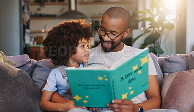 Buy stock photo African man, son and reading story book on couch, listening and bonding in morning at family house. Father, boy and smile with care, fantasy and relax with love, literature or learning in living room