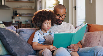 Buy stock photo African man, boy and reading story book on sofa, listening or bonding in morning at family house. Father, son and together for care, fantasy and relax with love, literature or learning in living room