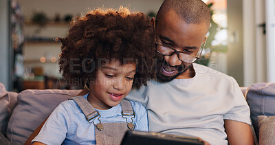 Buy stock photo Home, father and kid on tablet for ebook, bonding and streaming online for movie, film or video series. Technology, download and single parent with boy, child or touchscreen for learning development