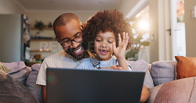 Buy stock photo Home, dad and boy with laptop for video call on sofa in living room for communication and networking. People, parent and kid with smile or happy on couch in lounge with wave, fun and bonding