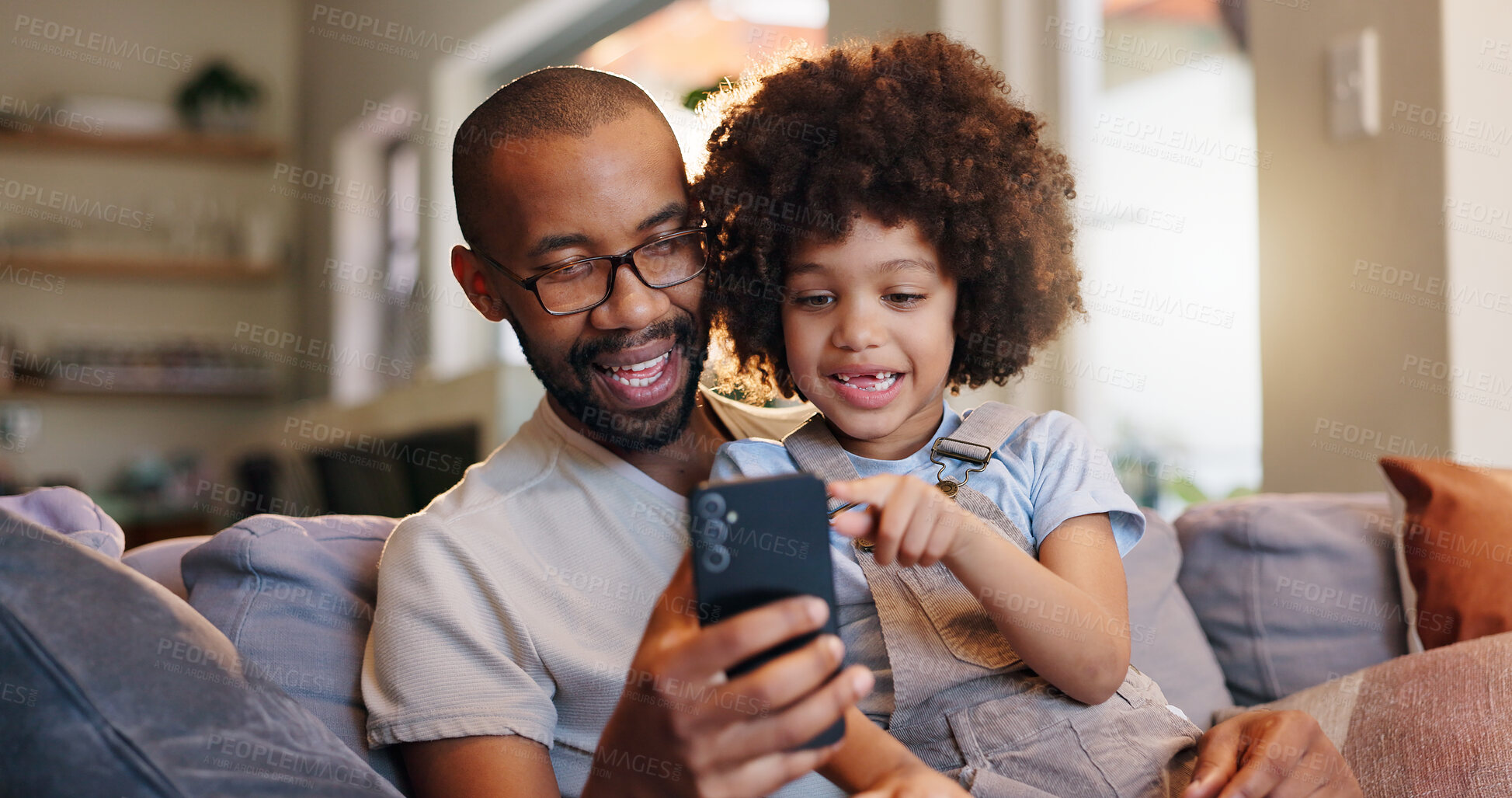 Buy stock photo Phone, dad or kid in black family or home for bonding or streaming online for movie, web or video. Technology, download or single parent father with boy, child or touchscreen for learning development