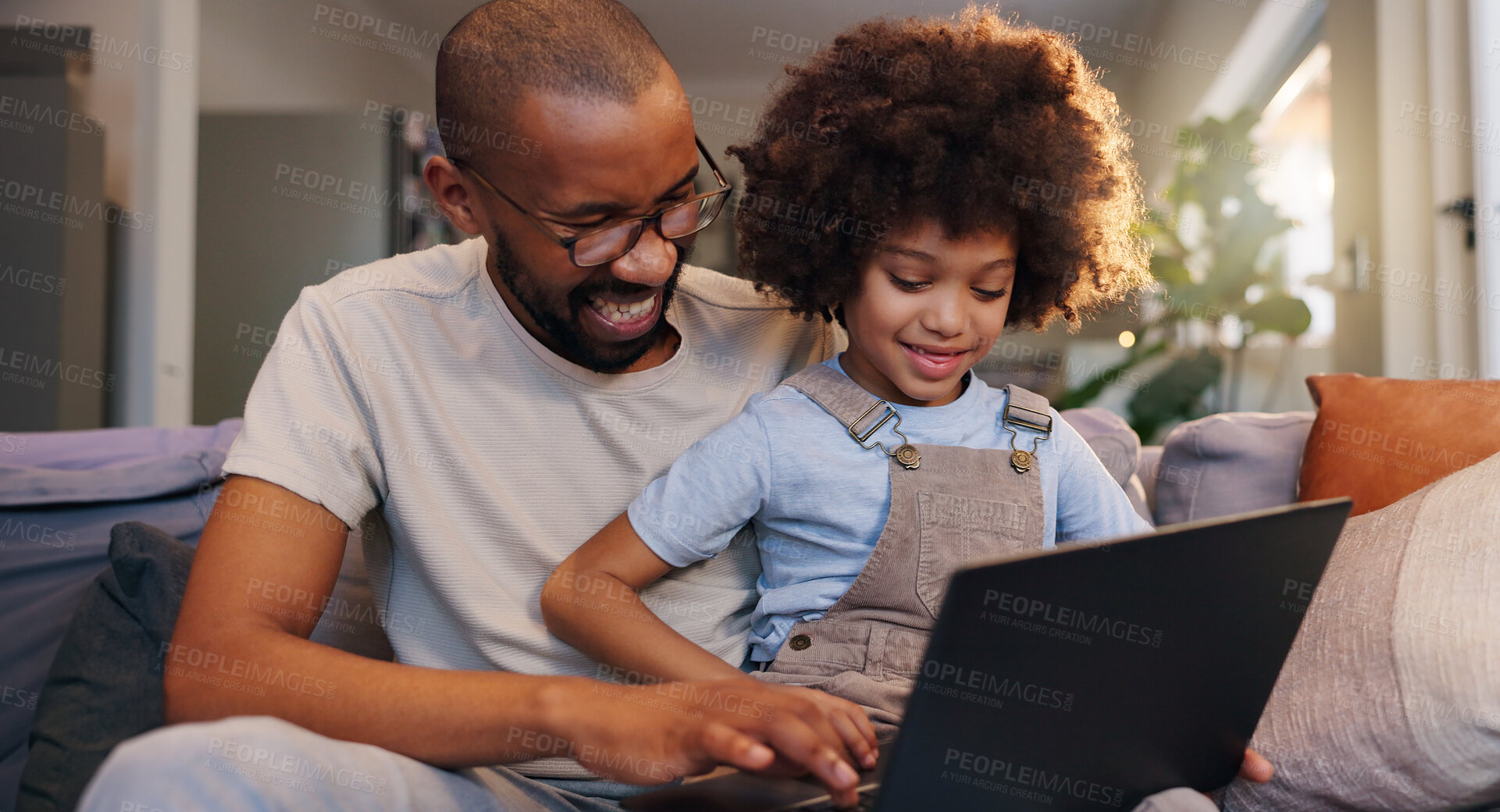 Buy stock photo Home, dad and kid on laptop for ebook, bonding and streaming online for movie, cartoon or video. Technology, download or single parent father with boy, child or touchscreen for learning development