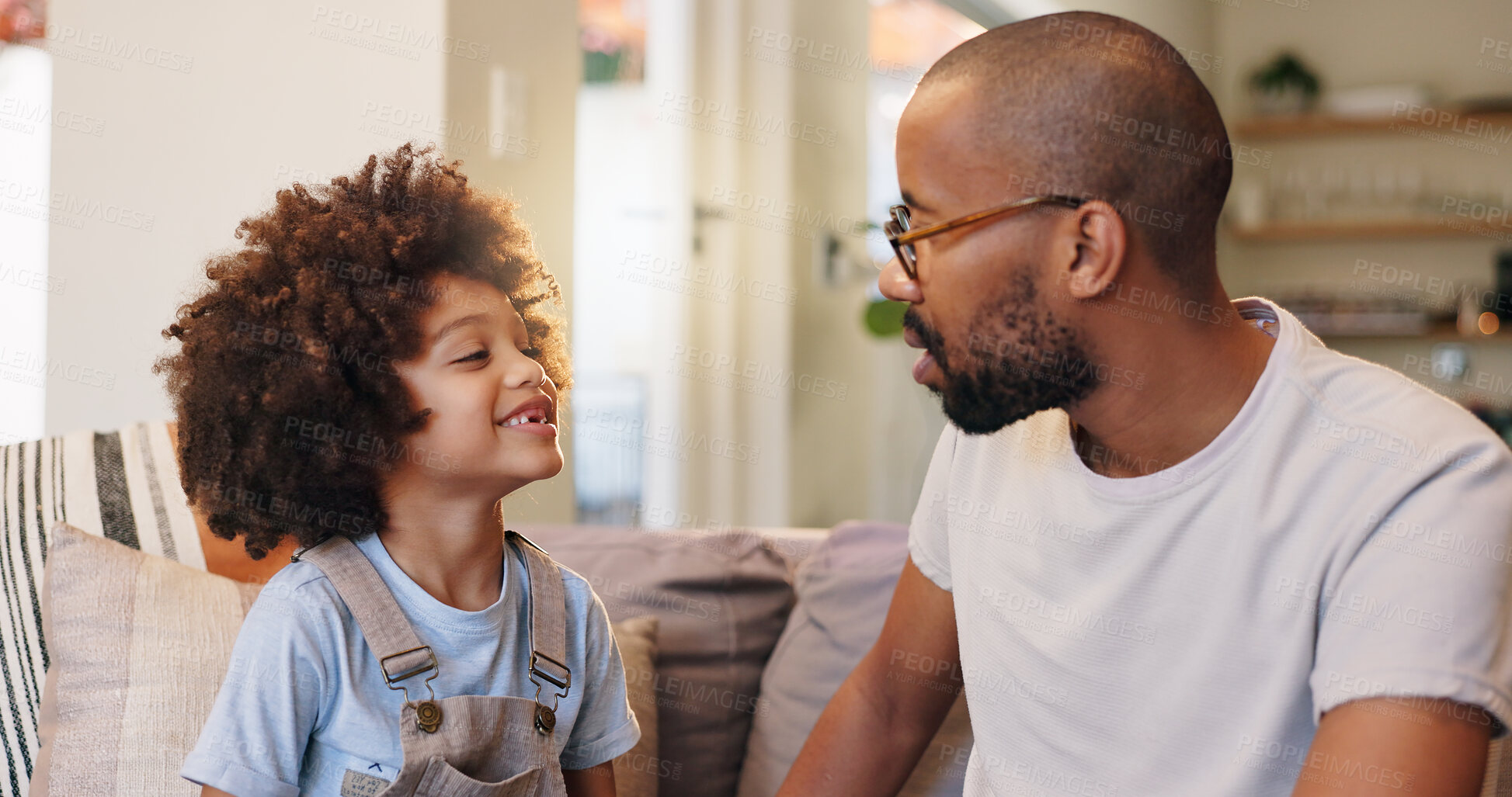 Buy stock photo Father, boy and couch in home, conversation or relax in living room for advice and bonding. Communication, support or love in lounge with dad person, chat or care from single parent for child on sofa