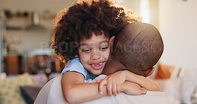 Buy stock photo Boy, father and happy or hugging in house, comfort and caring for relationship bonding with people together. Embrace, love and child development in apartment, family and weekend break in home