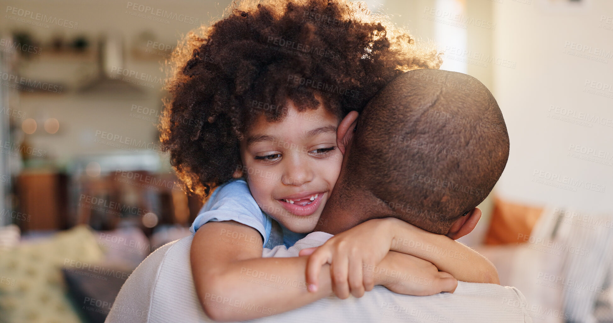 Buy stock photo Boy, father and happy or hugging in house, comfort and caring for relationship bonding with people together. Embrace, love and child development in apartment, family and weekend break in home