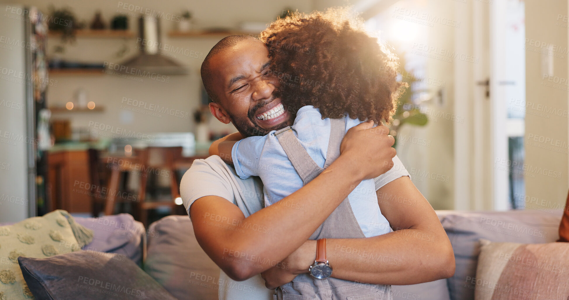 Buy stock photo Happy dad, hug and son with love on sofa for embrace, care or bonding together at home. Father, child or little boy with smile for support, childhood or fatherhood on holiday or weekend at house