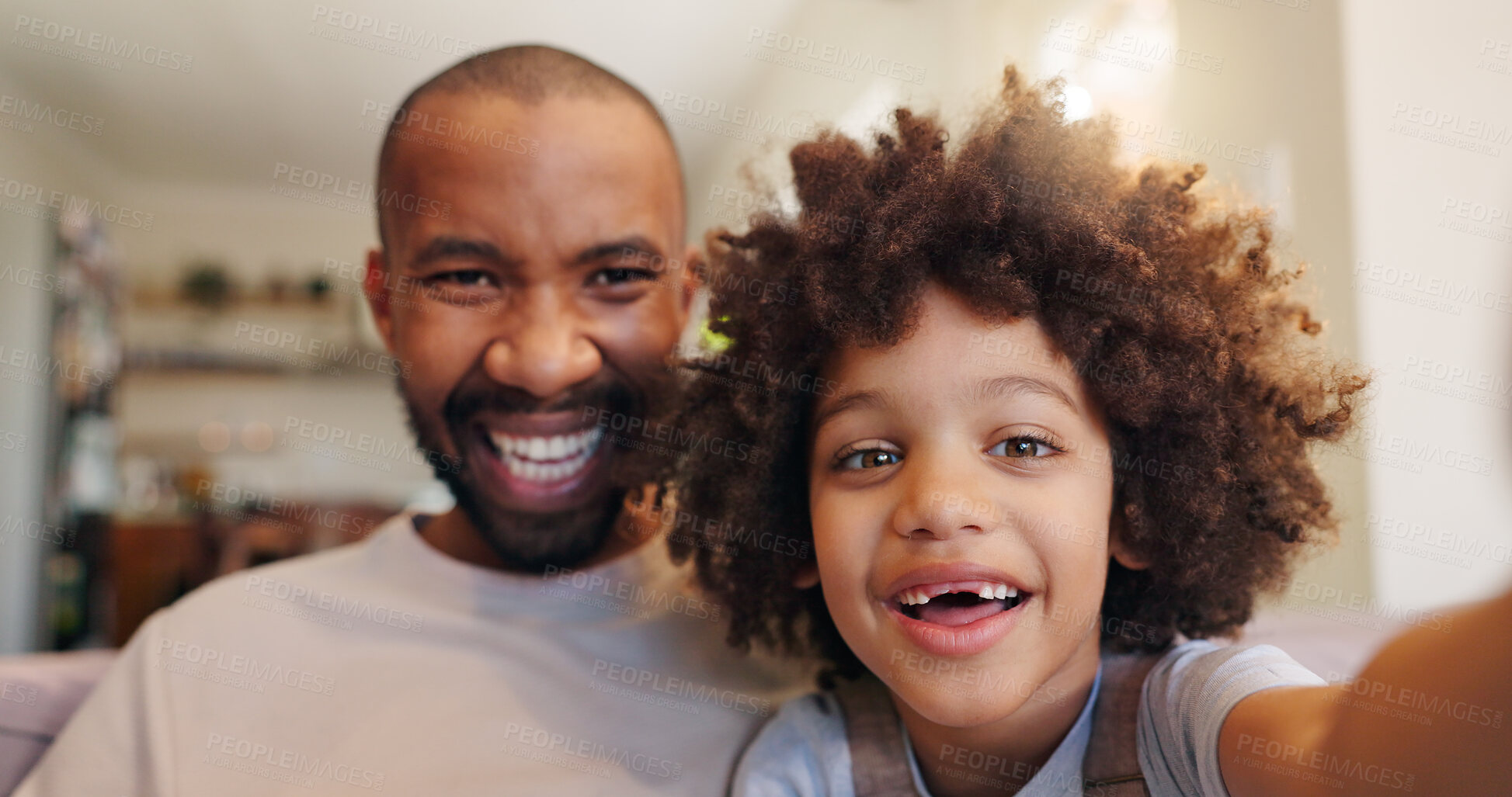 Buy stock photo Dad, son and portrait in home for selfie, bonding and profile picture together with happiness or care. Man, child and face in lounge for memory, relax and social media with smile, love or family time