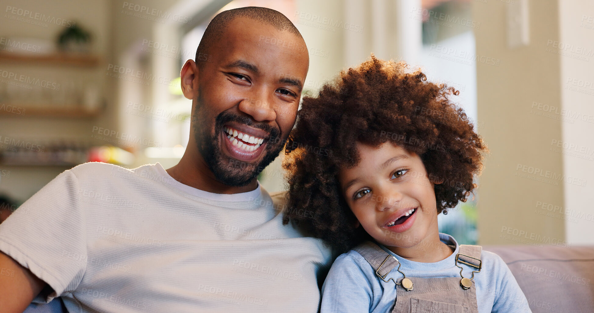 Buy stock photo Dad, son and portrait in home for bonding, relax and relationship together with happiness or care. Man, child and face in living room for memory, support and weekend with smile, love and family trust