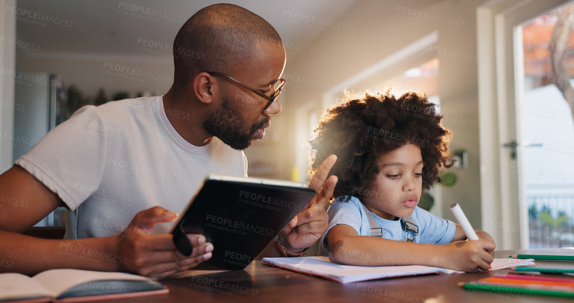 Buy stock photo Father, boy and tablet with writing, education or helping hand for counting with solution in family home. African man, son and elearning app for development, math homework or book at house in Chicago