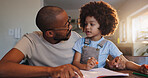 Father, boy and book with talking, education and helping hand for advice with problem solving in family home. African man, son and learning for development, math and support at apartment in Chicago