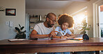African man, child and homework book with helping hand, check and guide for progress in family house. Learning, father and son with support, care and notebook for education at apartment in Chicago