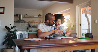 Buy stock photo African man, child and math homework with helping hand, counting and guide for solution in family house. Learning, father and son with support, motivation and notebooks for education at apartment